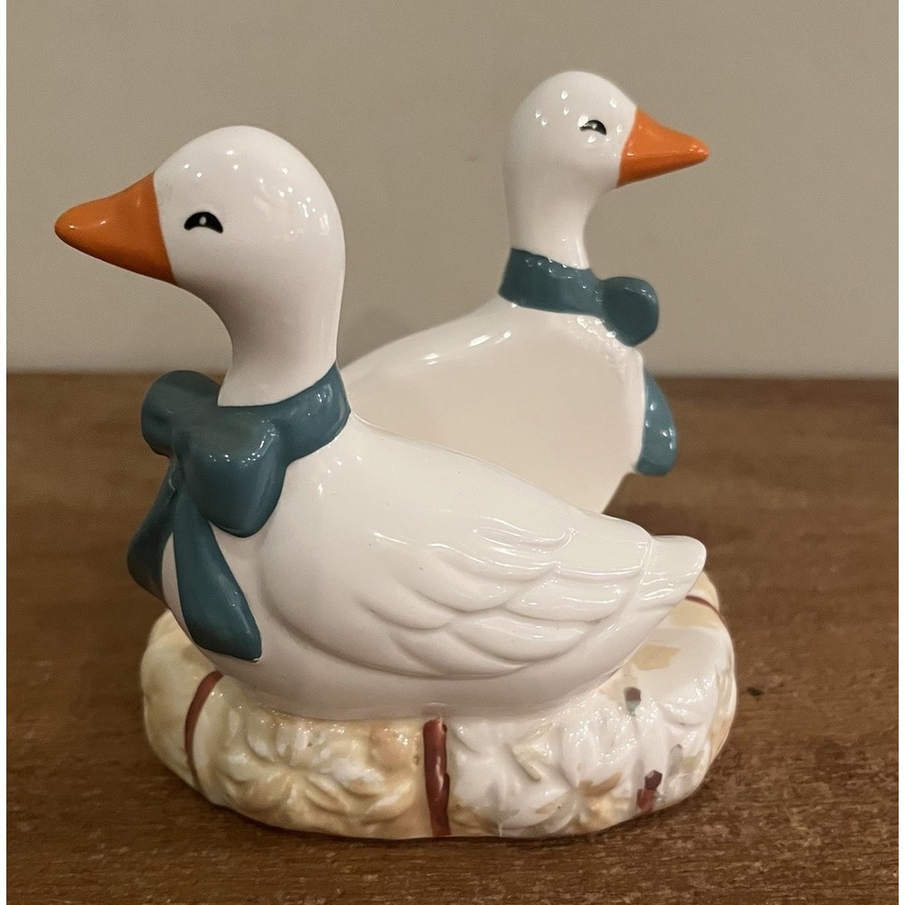 VTG Ceramic Geese Goose Napkin Letter Holder Blue Bows Korea Cottagecore 1980s
